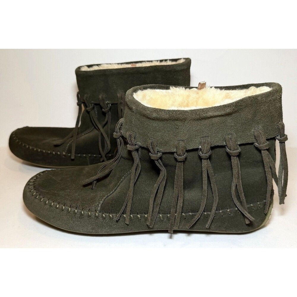 Lucky Brand Armin Suede Fringe Moccasin Booties Olive Faux Fur Lined 9M